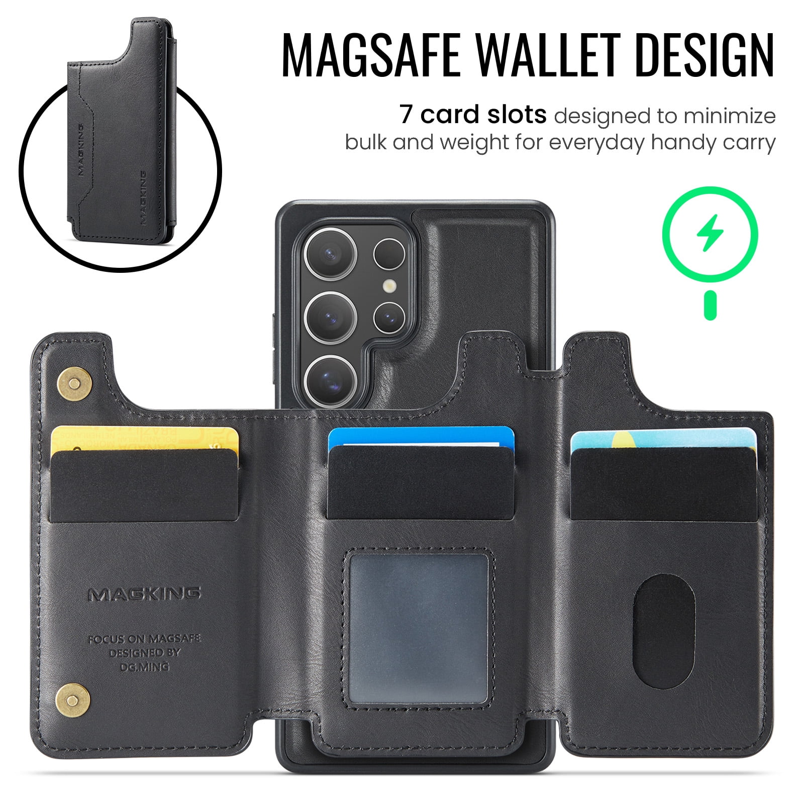 Designed for Samsung Galaxy S23 Ultra Wallet Phone Case,Magnetic Detachable Flip Card Holder,Back Flip Kickstand,Compatible with Mag-Safe,2-in-1 PU Leather Heavy Duty Shockproof Phone Case,Black