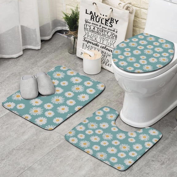 Teal Daisy Flower Golden Centers Pattern Bathroom Rugs Sets 3 Piece,Toilet Cover Set,Absorbent Non Slip Bathroom Mats Sets with U-Shaped Contour Rug Toilet Rug Set