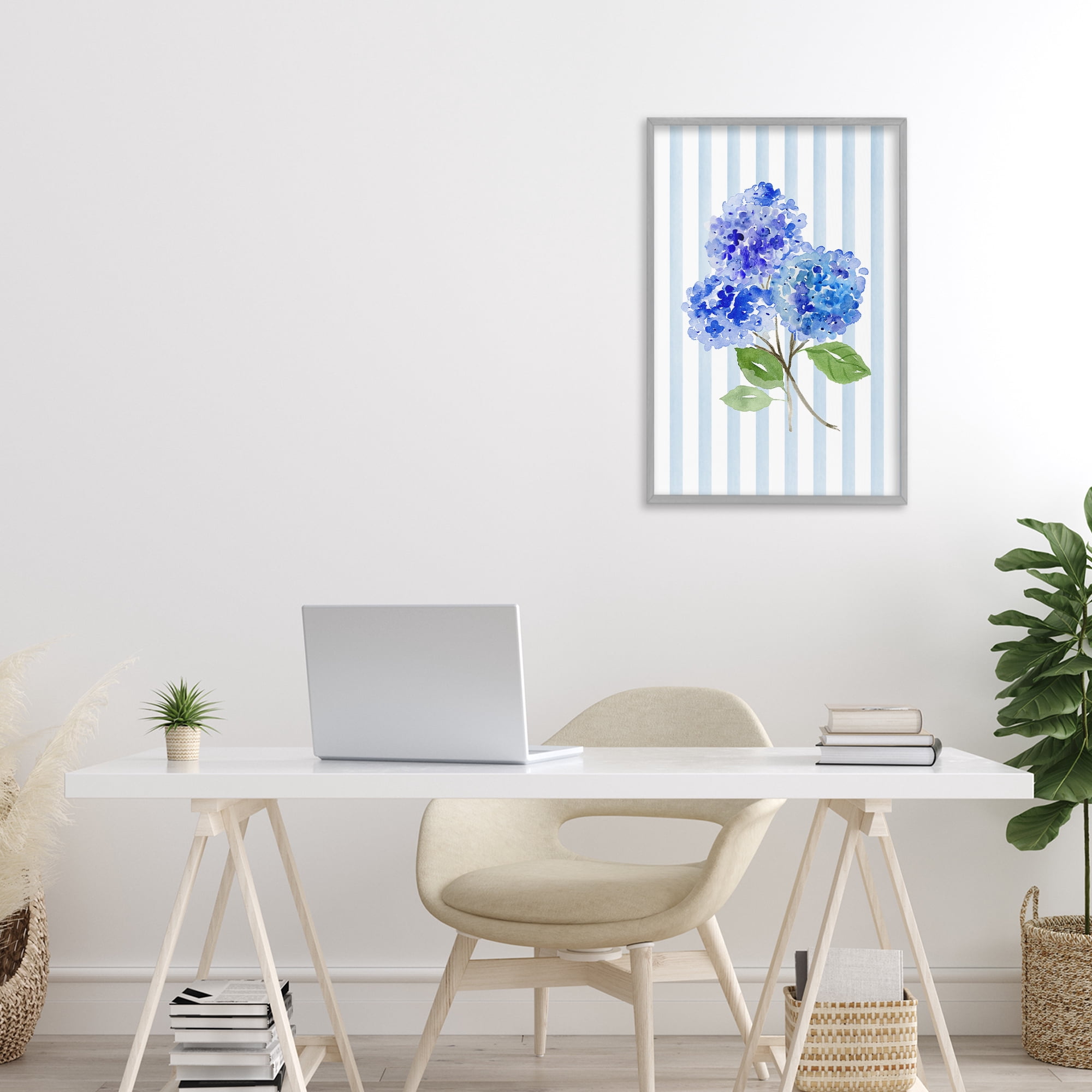 Stupell Industries Blue Hydrangeas over Stripes Gray Framed Giclee Art, design by Corinne Haig