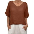thumbnail image 5 of Fartey Oversized Cotton Linen T Shirts for Women 2025 Summer Solid Color Short Sleeve Tops Dressy Casual V Neck Tee Shirt Loose Breathable Beach Holiday Blouses Brown L, 5 of 9