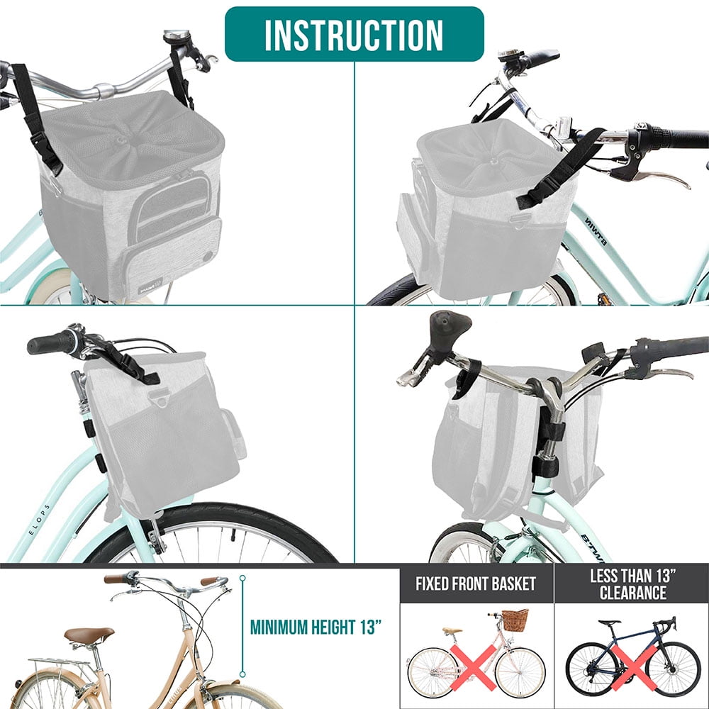 PetAmi Dog Bike Basket, Soft-sided Ventilated Dog Bike Carrier Backpack, Dog Pet Bicycle Basket for Bike Handlebar, Small Medium Puppy Cat Kitten Car Booster Seat with Safety Strap (Gray)