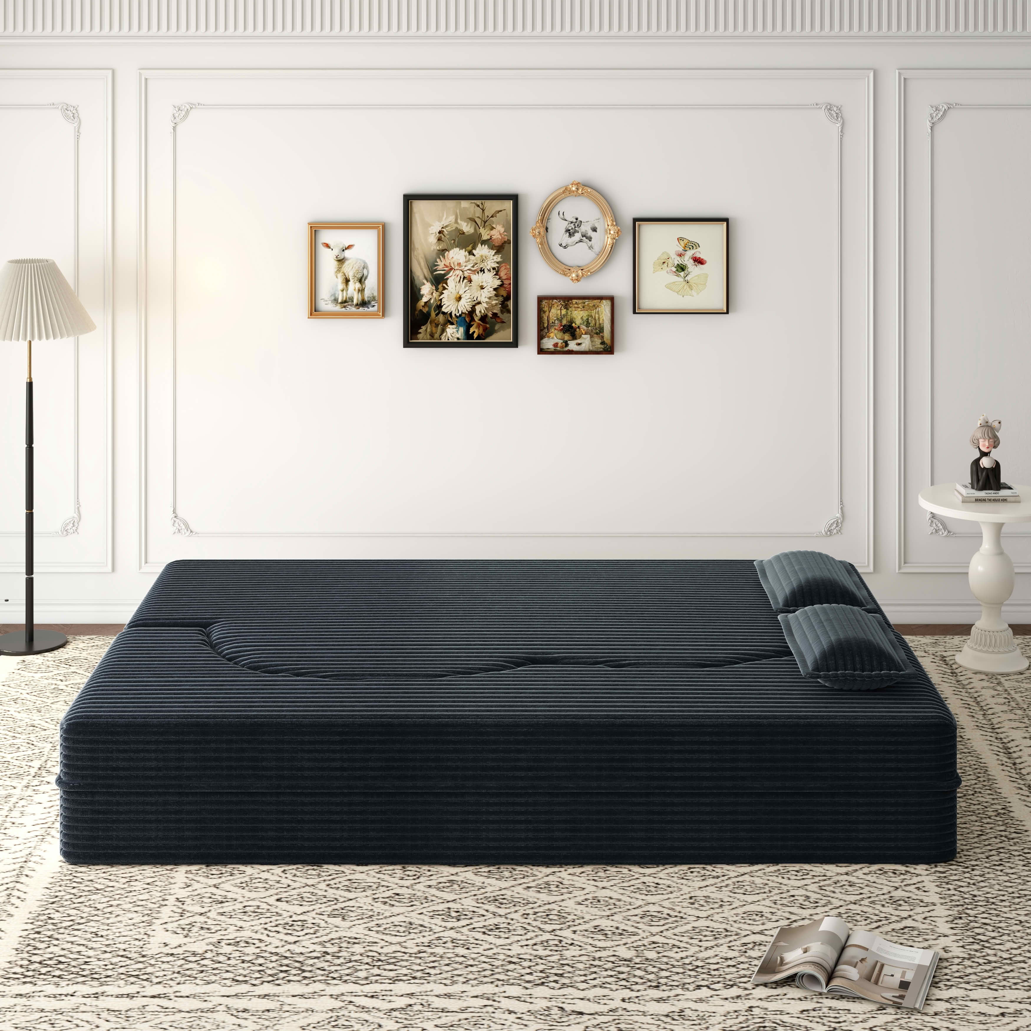 MAYEERTY Vacuum Compressed Corduroy Foldable Foam Sofa Bed, Full Size Zero Assembly Floor Sleeper with 2 Pillows