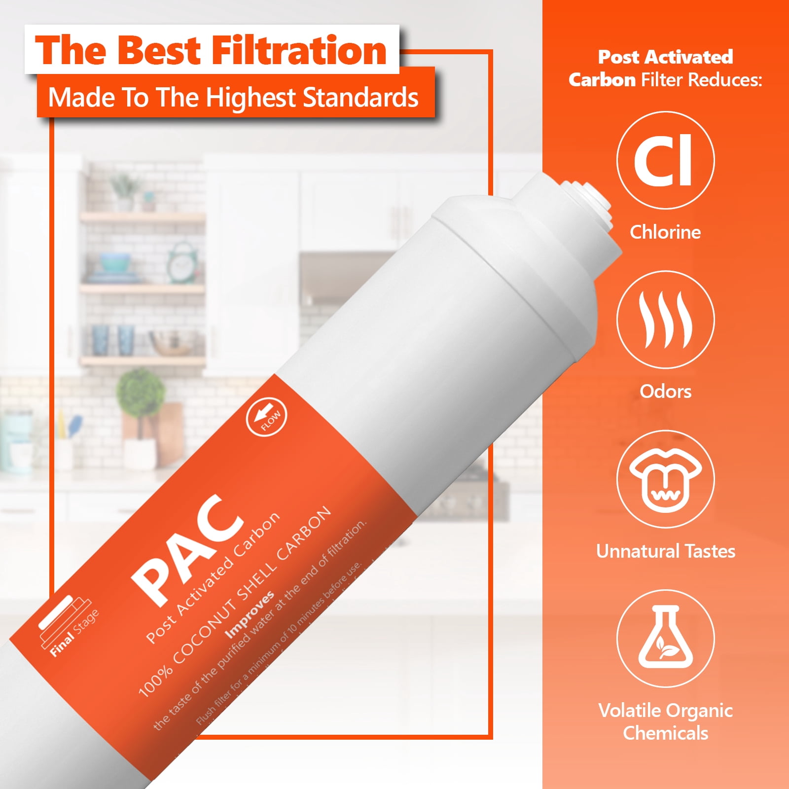 Express Water – 4 Pack Post Activated Carbon PAC Water Filter Replacement – 5 Micron Inline Filter – 10 inch Quick Connect – Under Sink and Reverse Osmosis System