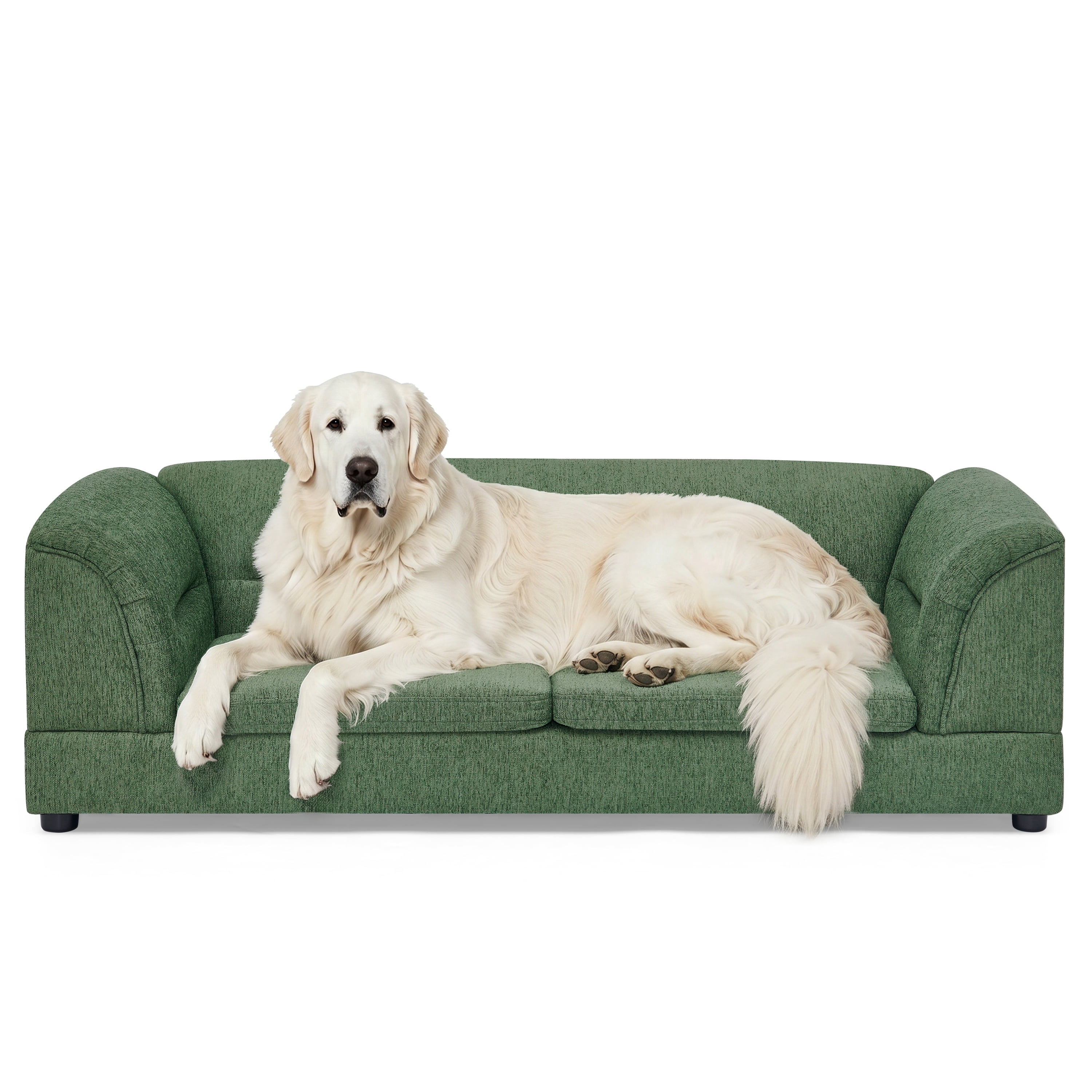 Oversized Pet Sofa, Curved Armrest Rectangular Dog Sofa, Linen Fabric Comfort Pet Couch for Large & Oversized Dogs-Olive Green