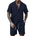 thumbnail image 2 of Maqroz Mens 2 Piece Outfits Short Sleeve Button Down Top & Shorts Hollow Out Breathable Knit Set Fashion Casual Textured Summer Streetwear, 2 of 8
