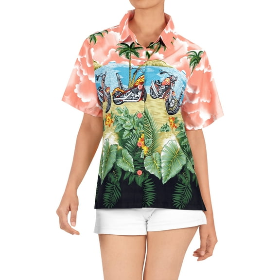 HAPPY BAY Women's Floral Beach Hawaiian Blouse Shirt Tropical Blouses Button Up Short Sleeve Dress Tops Tee Shirts Dresses for Women L Salmon, Motor Ride
