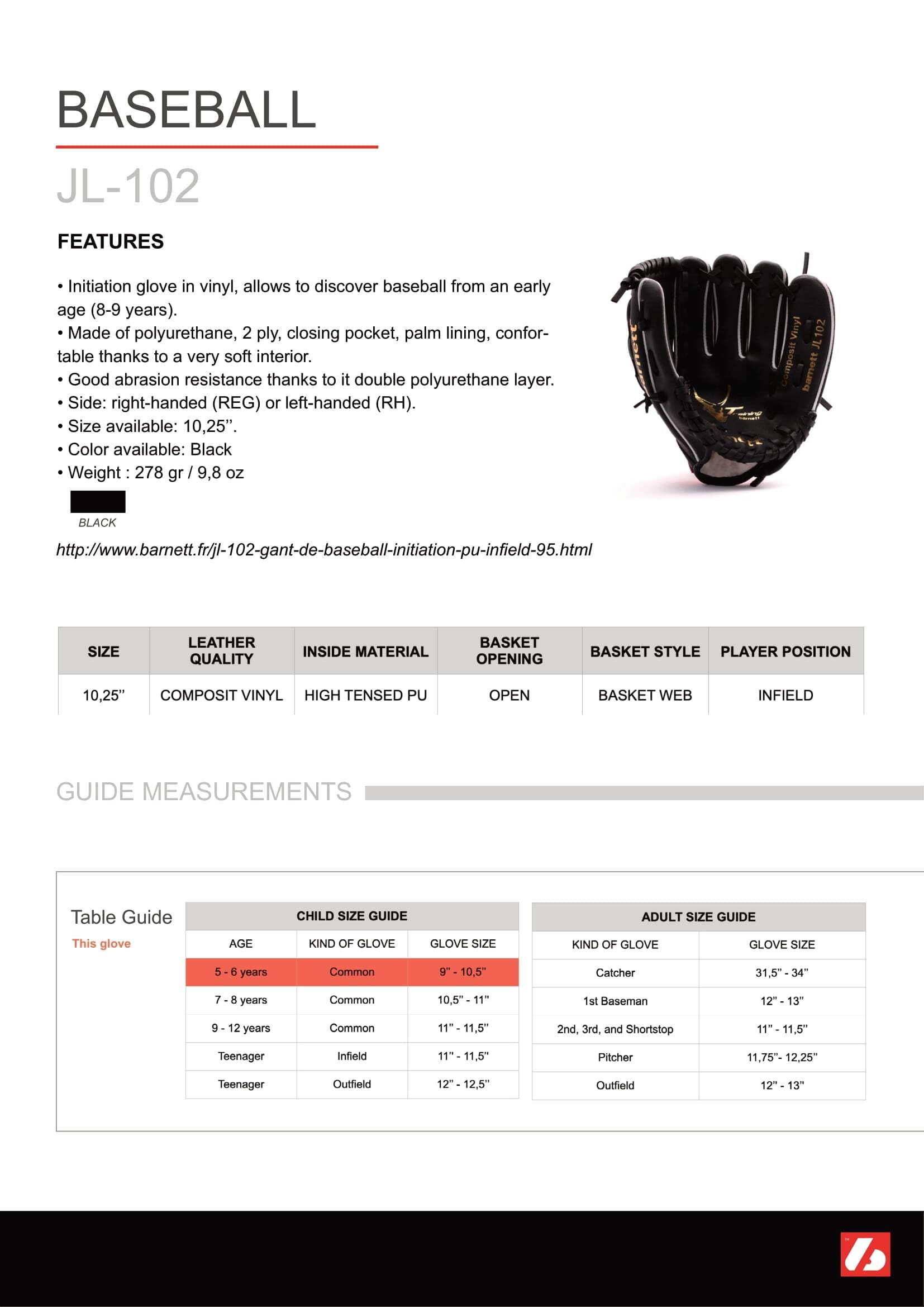 barnett 10.2" JL-102 Series Baseball Glove, Right Hand Throw
