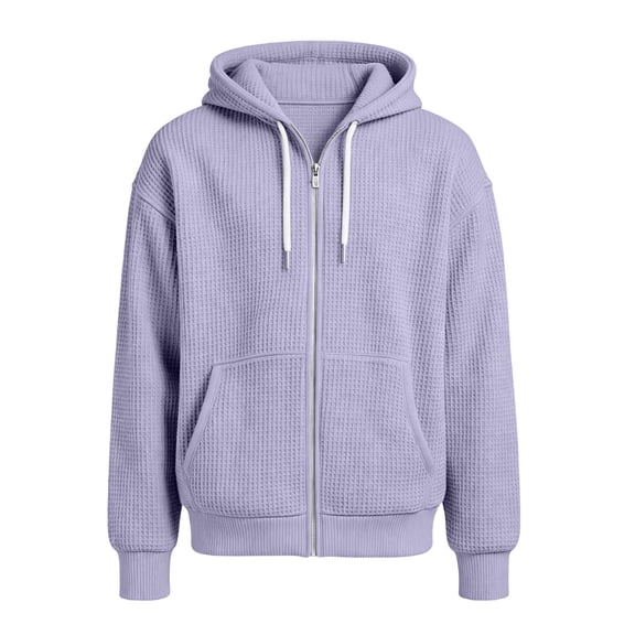 Full Zip Waffle Knit Hoodies For Men Sweatshirt Hooded Cardigan With Pocket Loose Fit Drawstring Athletic Jackets