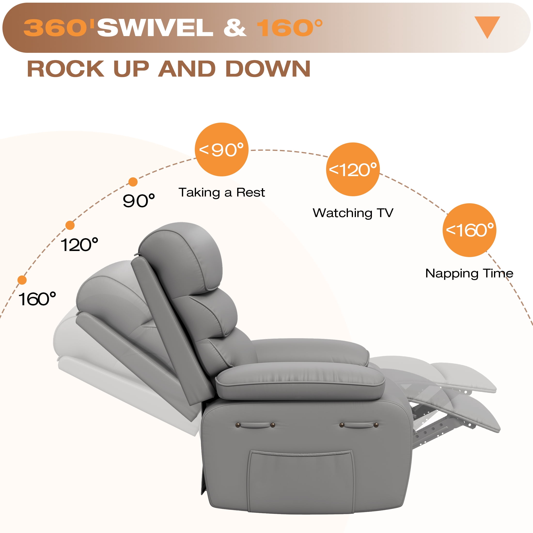 Techmilly Oversized Swivel Rocker  Recliner Chair with Heat and Massage, Adjustable Recline for Living Room,PU Leather (Light Grey 35" Seat Width)