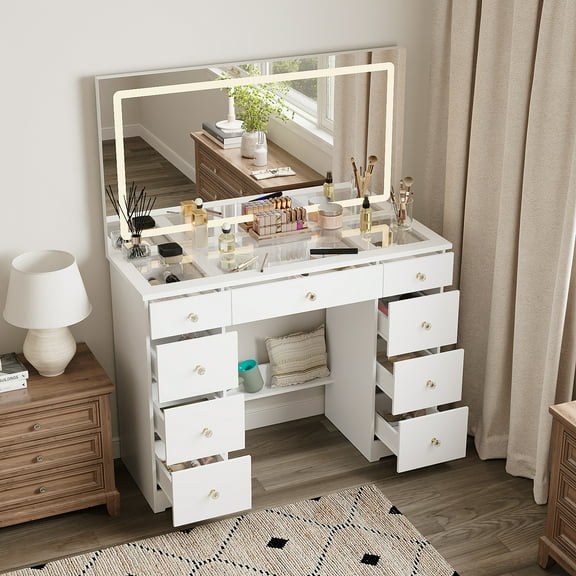 Oxylife Makeup Vanity Desk with Mirror and 3-Color Lights, Dressing Table with 9 Storage Drawers & Glass Desktop for Bedroom,White