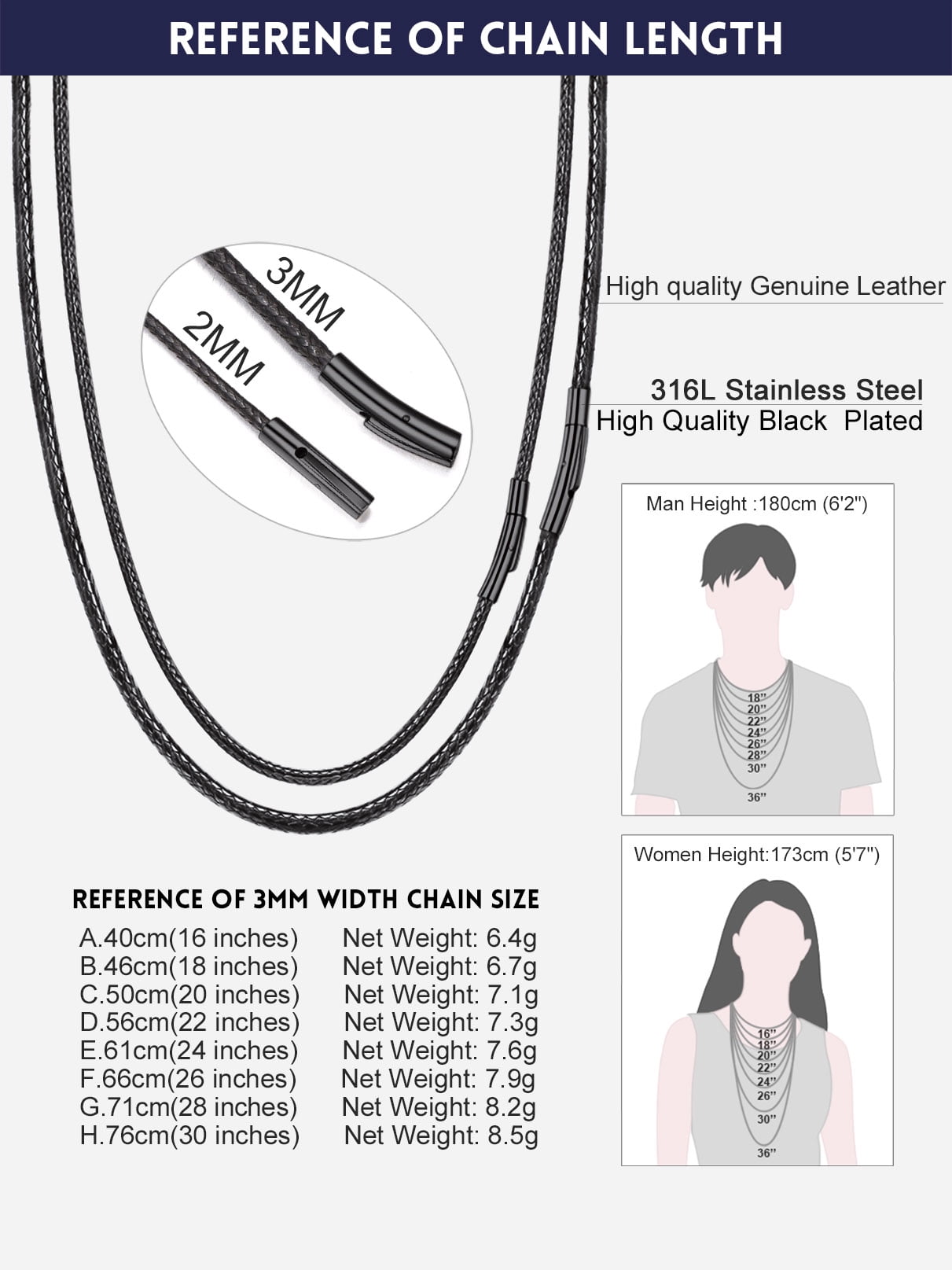 Bandmax 3MM Wax Rope Chain Choker Necklace for Men Women 18 inches Waterproof Braided Wax Rope with Stainless Steel Black Snap Clasp Neck Chains for Pendant