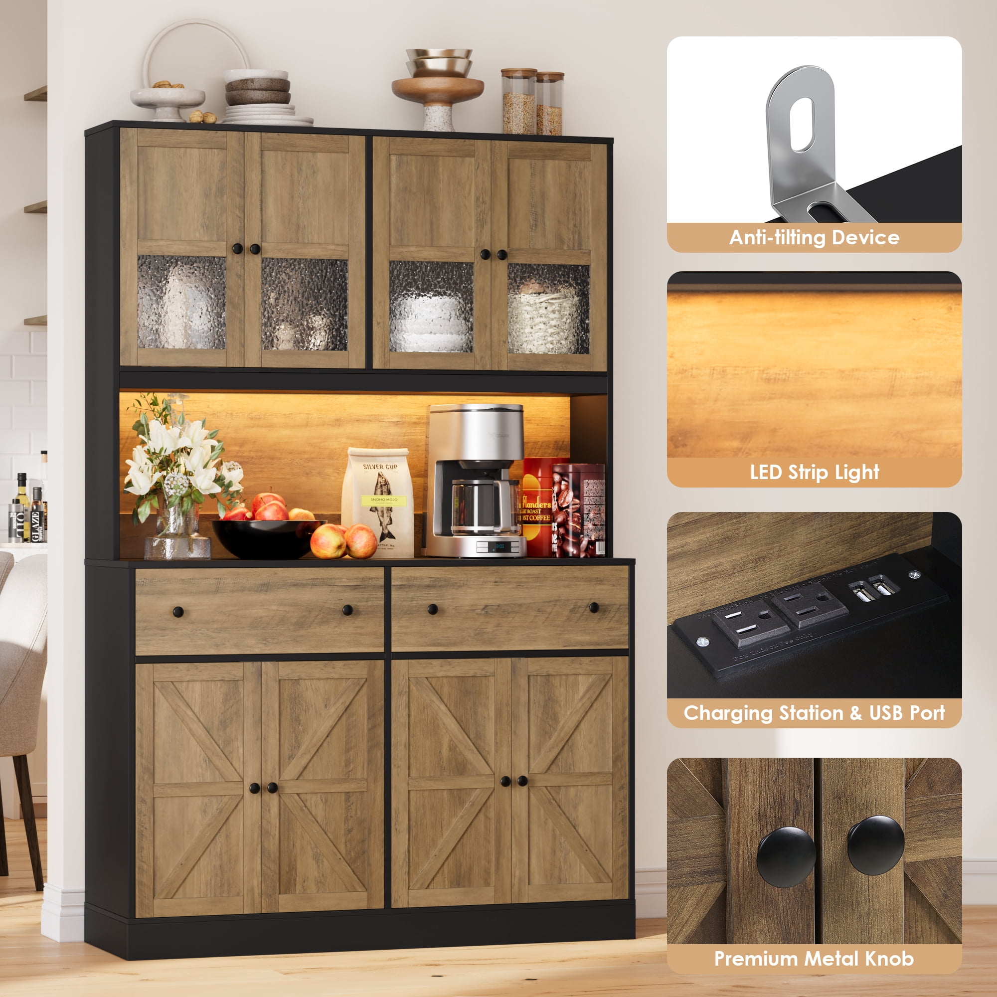 Homfa 71" Tall Kitchen Pantry Cabinet with LED Lights & Charging Station, MDF Freestanding Storage Cupboard with 8 Doors 2 Drawers, Buffet Cabinet with Storage for Dining Living Room, Black & Oak