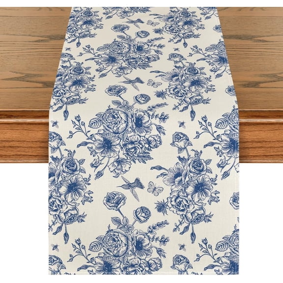 Spring Navy Blue Floral Chinoiserie Table Runner, Seasonal Summer Kitchen Dining Table Decoration for Home Party Decor 13x72 Inch