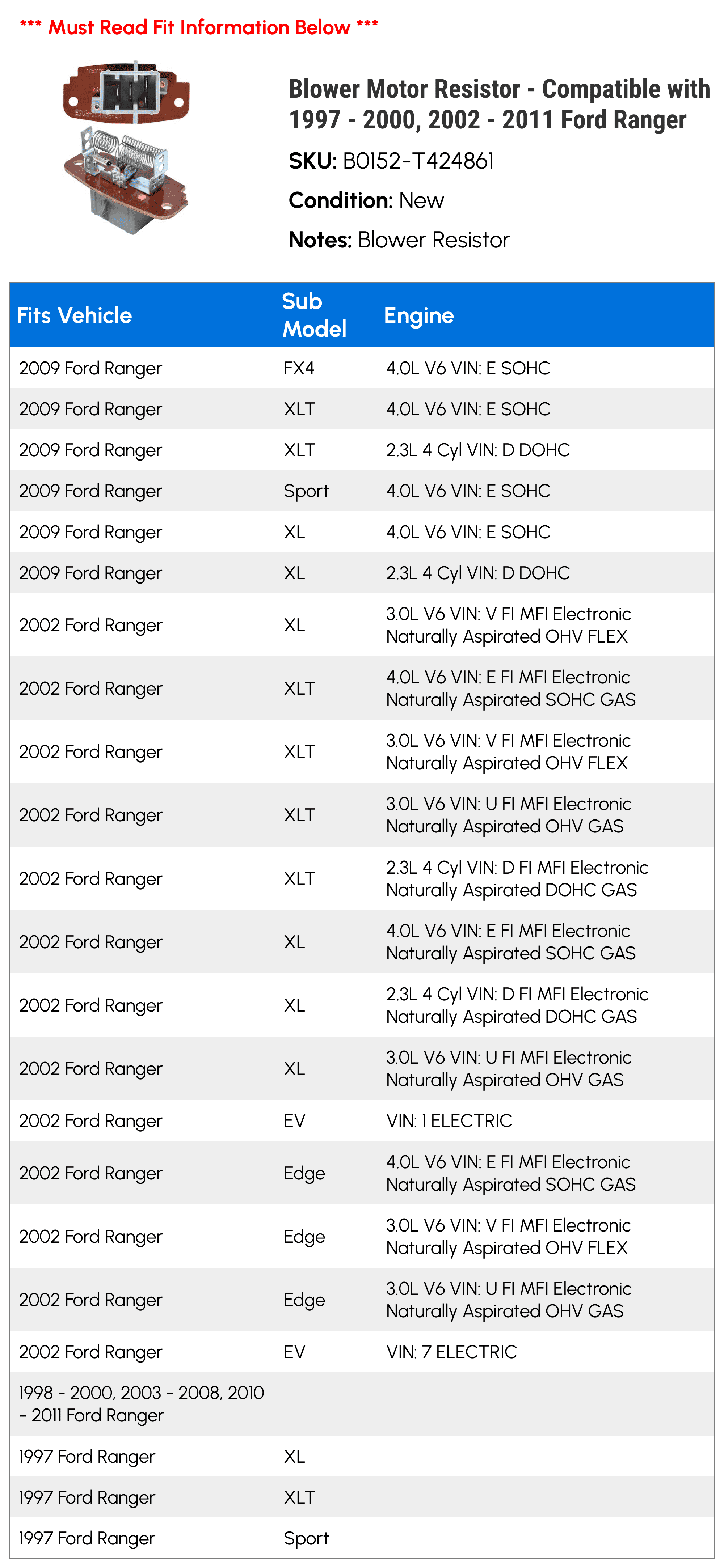 Blower Motor Resistor - Compatible with 1997 - 2000, 2002 - 2011 Ford Ranger 1998 1999 2003 2004 2005 2006 2007 2008 2009 2010