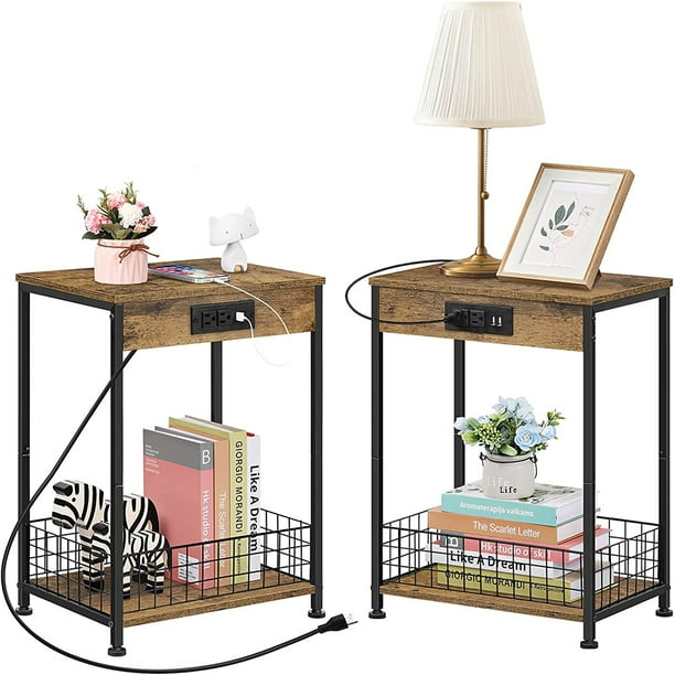 Set of 2 bedside tables Small living room side table with charging