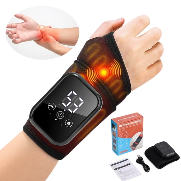 Cordless Heated Wrist Massager Wrap with 3 Heating & 3 Vibration Modes, Wrist Hand Heating Pad Massage for Pain Relief, Rechargeable Heated Wrist Brace for Carpal Tunnel, Black