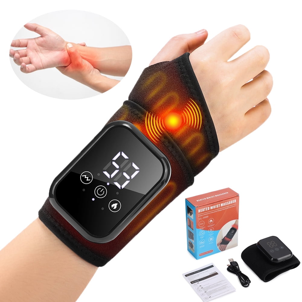 Cordless Heated Wrist Massager Wrap with 3 Heating & 3 Vibration Modes, Wrist Hand Heating Pad Massage for Pain Relief, Rechargeable Heated Wrist Brace for Carpal Tunnel, Black