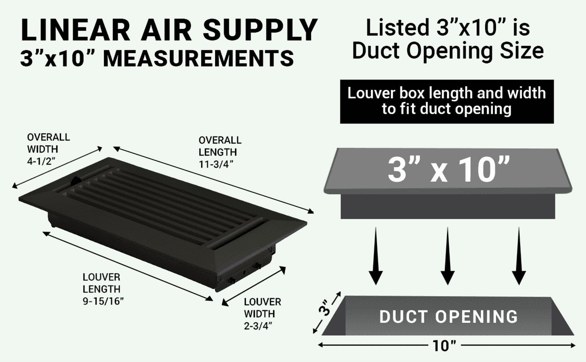Linear 3"x10-" Solid Cast Aluminum Air Supply louvered Vent | Powder Coated