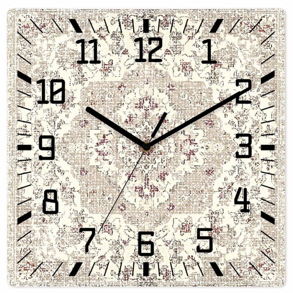 Beige Boho Wooden Wall Clock Silent Non Ticking, Vintage Ethnic Floral Abstract Geometric Square Wall Clocks Battery Operated, Decor Clock for Home Office, Living Room, Kitchen, 12 Inch