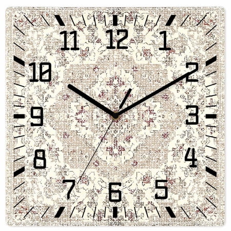 Beige Boho Wooden Wall Clock Silent Non Ticking, Vintage Ethnic Floral Abstract Geometric Square Wall Clocks Battery Operated, Decor Clock for Home Office, Living Room, Kitchen, 12 Inch