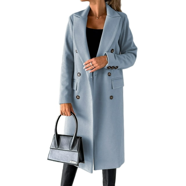 Bellella Ladies V Neck Overcoats Solid Color Double-breasted Outwear Work Coat Sky Blue M