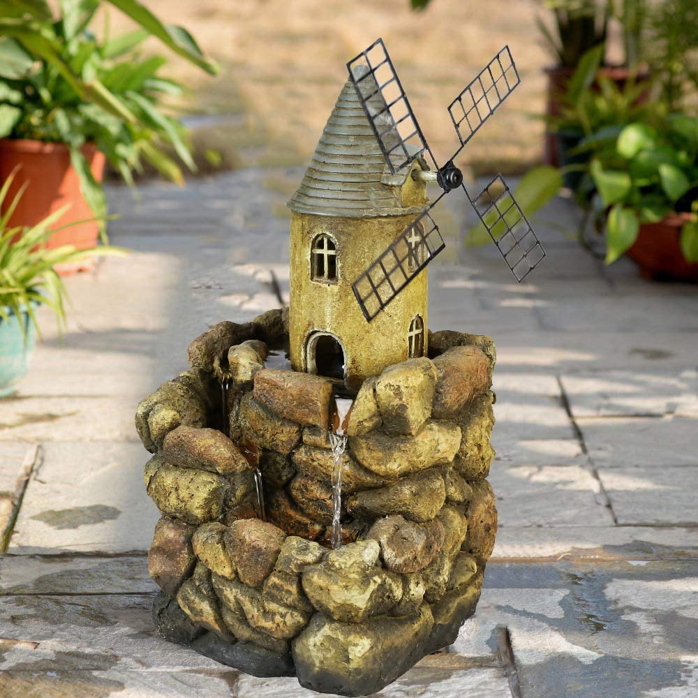 Outdoor Water Fountain With LED Lights, Windmill House with Stony Wall
