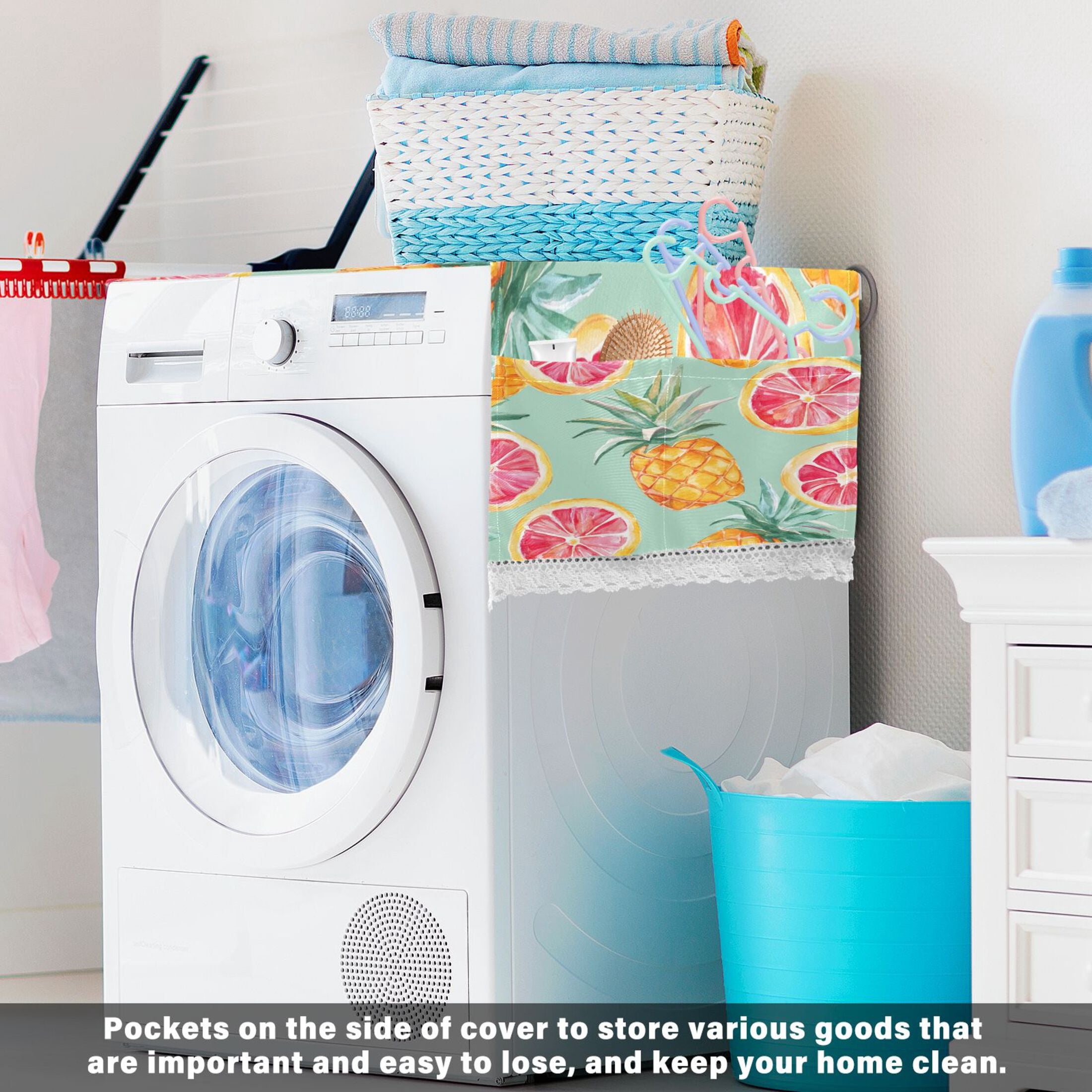 Washing Machine Cover 51.2x22in, Durable Polyester Dust Cover with Lace Trim and Side Pocket for Appliances Pineapple Blood Orange