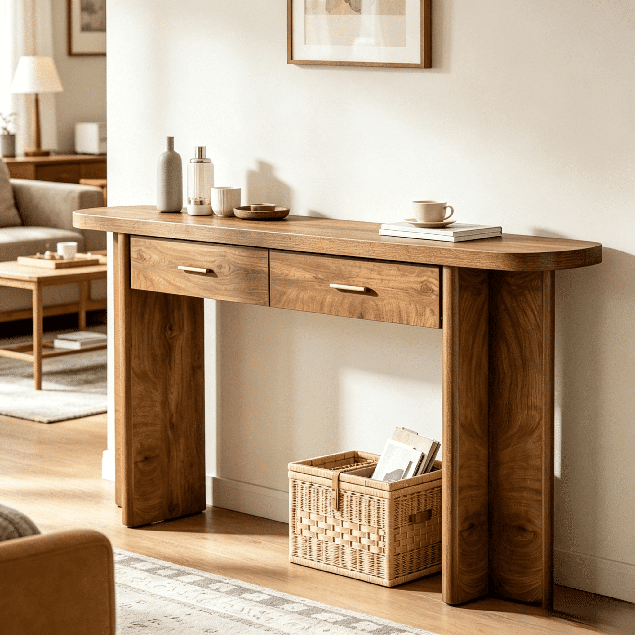 63 Inch Rustic Console Table with 2 Drawers, MDF Entryway Table with Gold Handles & Rounded Edges, 220 lbs Tabletop Capacity for Hallway Sofa Kitchen