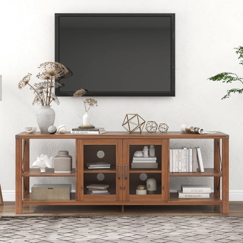 Ucloveria Morden Farmhouse TV Stand Entertainment Center for 75 inch TV, Brown