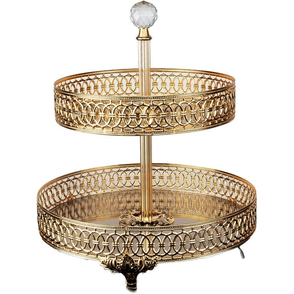 Handmade Two Tier Mirrored Tray for Dessert Table, Fancy Round Jewelry Perfume Vanity Stands, Metal Center Table Decorations for Home Party (Large, Gold)