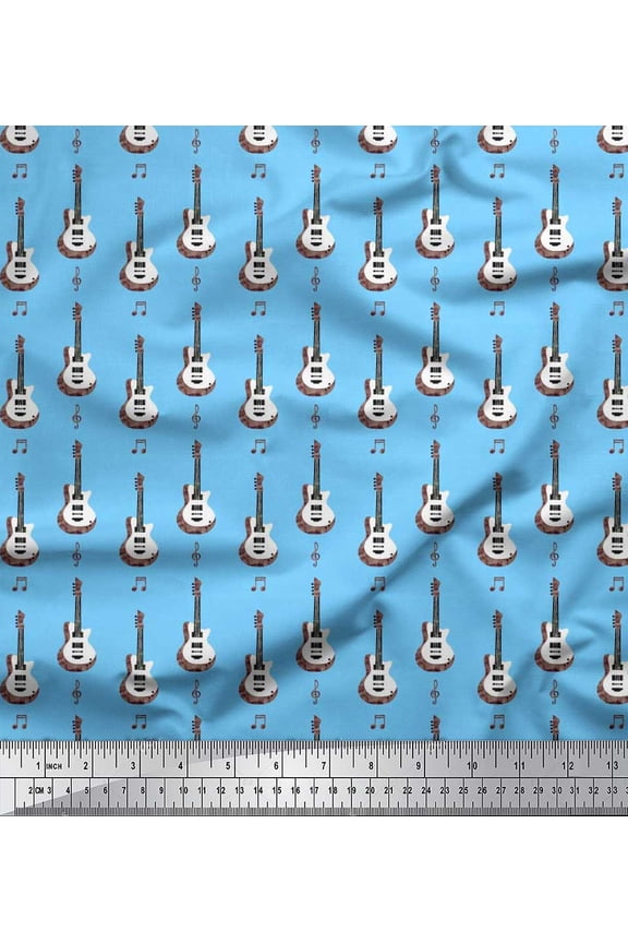 Rayon Fabric Notes & Guitar Musical Instrument Print Sewing Fabric Yard 42 Inch Wide