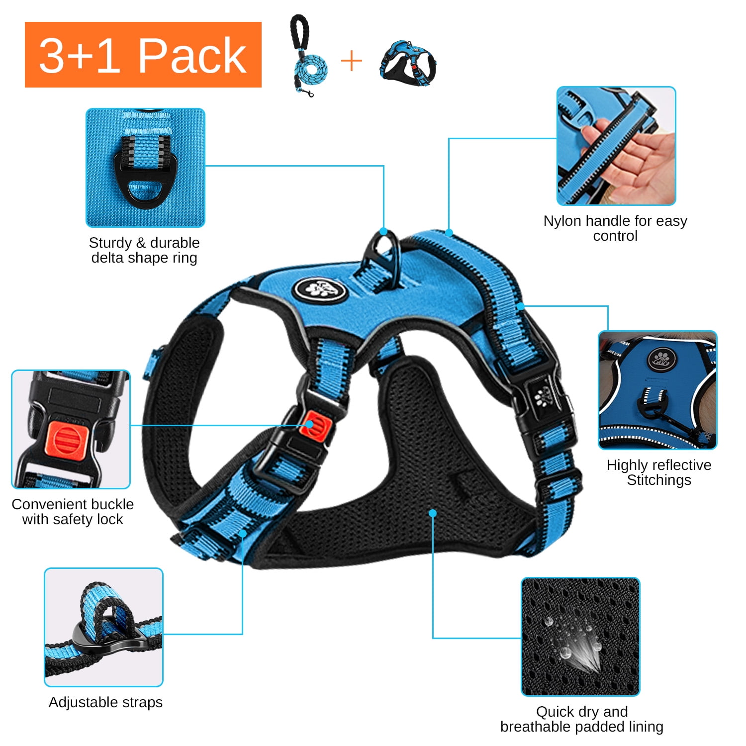 Hidpriva No Pull Dog Harness Leash Set , Reflective Dog Vest with Easy Control Handle, Adjustable Pet Harness for Large Dogs, Blue, L