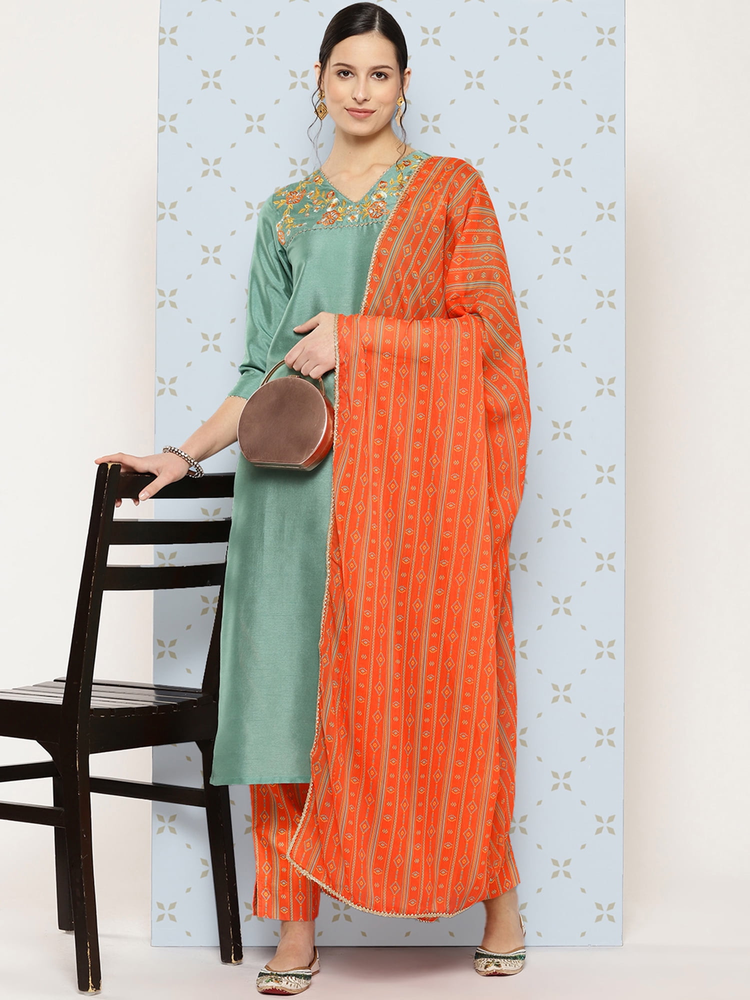 long yoke modal silk panel kurta - sage tendrils & serene spring