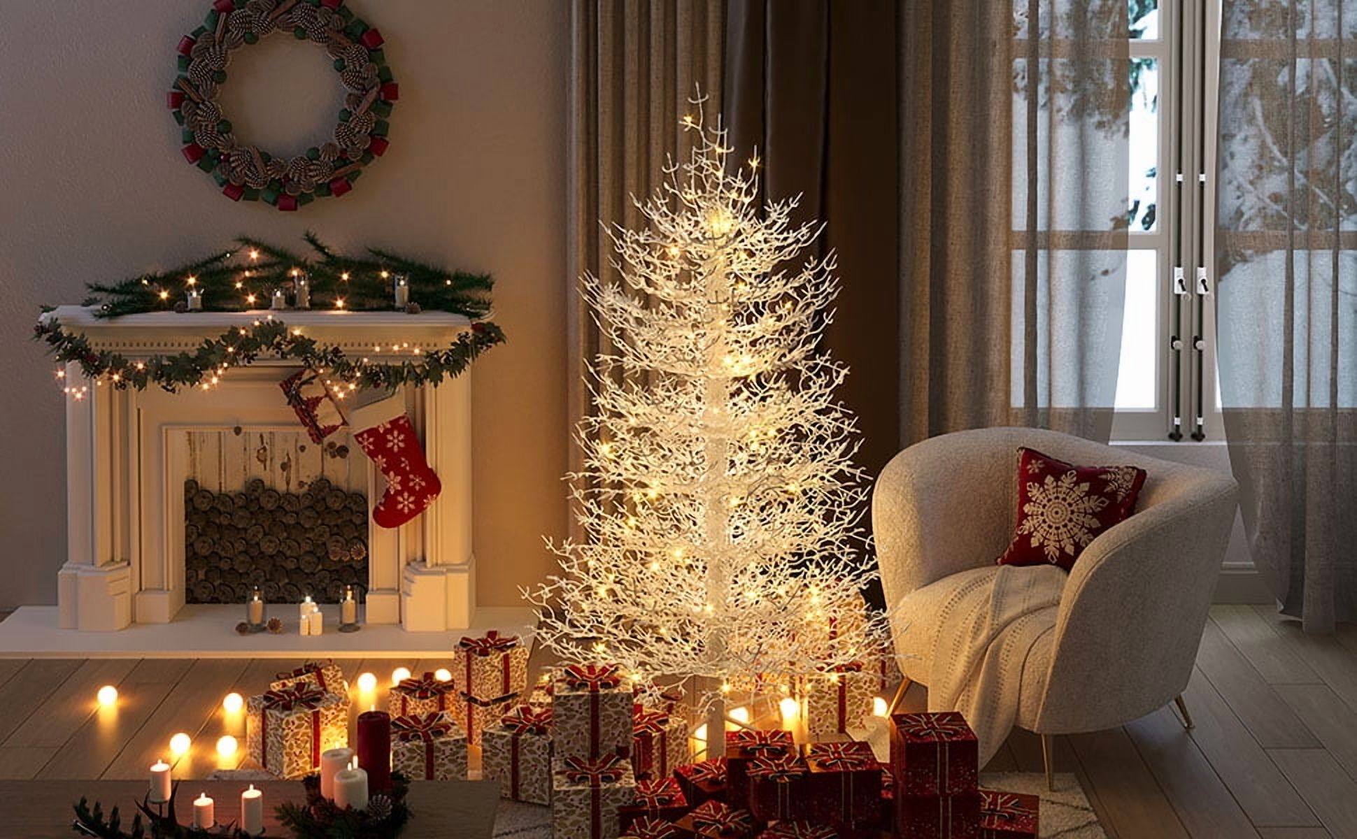 Euroco 4FT Pre-lit Aspen Fir Artificial Christmas Tree, Hinged Xmas Tree 280 Snow Flocked Branch Tips, 230 Warm Yellow LED Lights, Holiday Coral Christmas Tree for Home Party