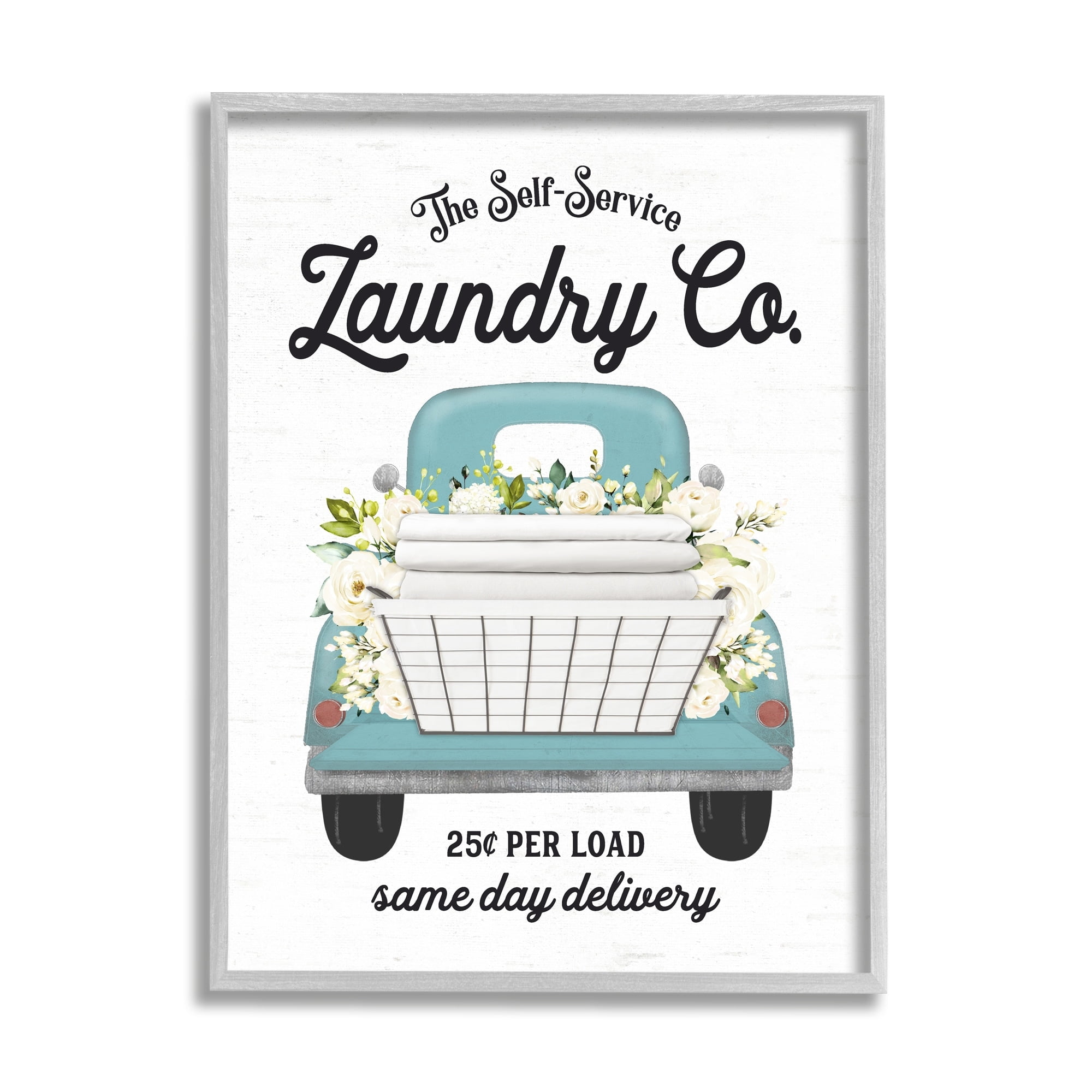 Stupell Industries Self Service Laundry Co. Antique Truck Flower Arrangement Graphic Art Gray Framed Art Print Wall Art, Design by Lettered and Lined
