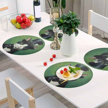 

Round Grid Placemat One Sizex6 Round Placemat PVC Plate Mat，15.4 Inch Non-Slip and Heat Resistant Table Placemat Dining Room Placemat Cat in A Suit