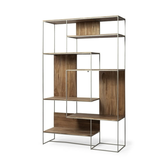 HomeRoots 380386 Wood & Metal Frame 6 Shelf Shelving Unit, Brown & Silver