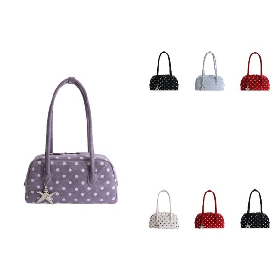 Women Polka Dot Canvas Baguette Shoulder Bag With Detachable Star Pendant, Vintage Underarm Handbag, Lightweight Daily Casual Top Handle Purse For Commute Date Travel