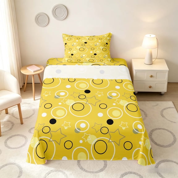 Manfei Cute Geometric Star Twin Sheets, Circular Dot Bedding, Yellow Black White, Colorful Stars Reversible 3 Pieces1 Flat Sheet + 1 Fitted Sheet + 1 Pillowcase