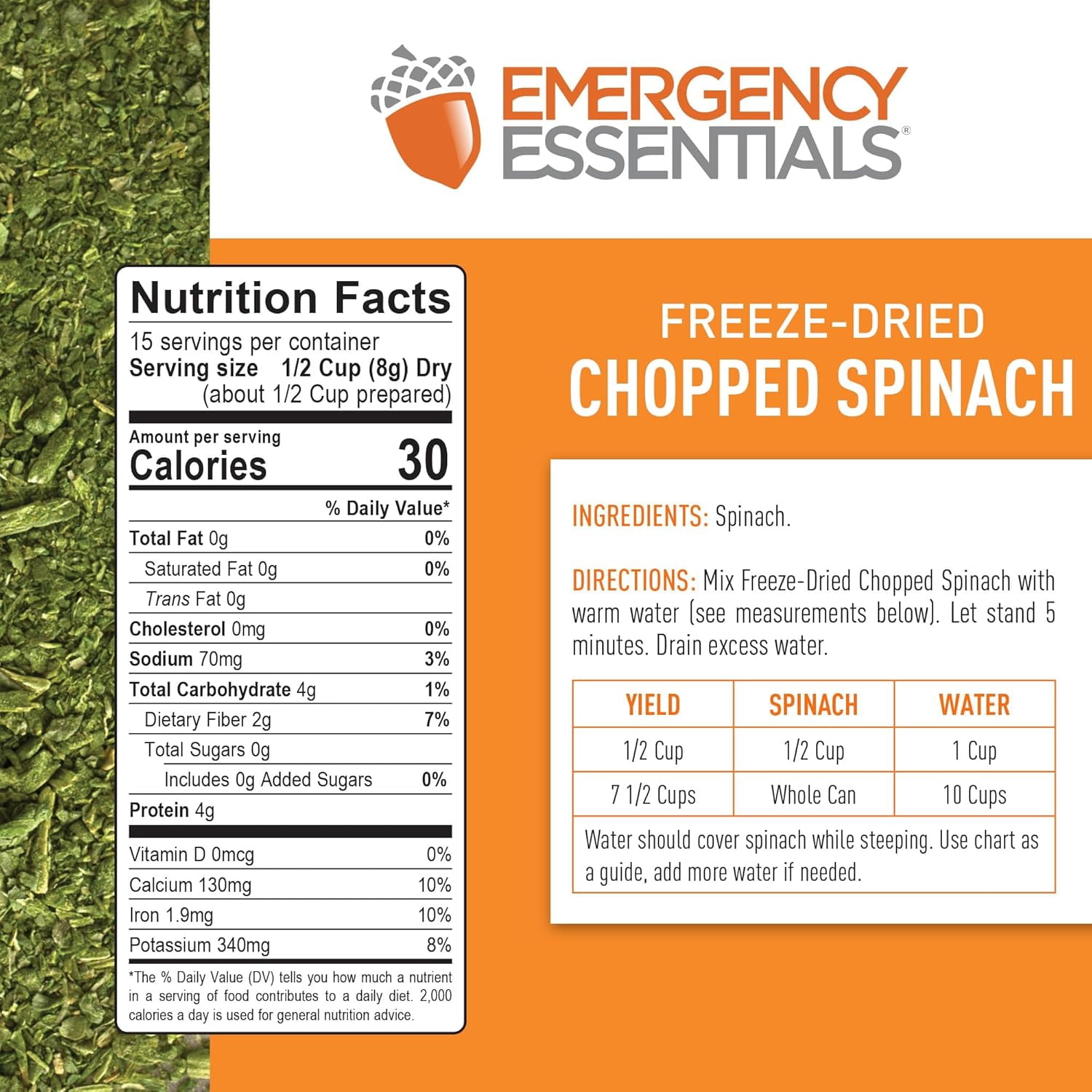 Emergency Essentials Freeze-Dried Chopped Spinach | Real Spinach for Everyday Cooking & Long-Term Food Storage | #10 Can | 15 Servings | Plant-Based Pantry Staple