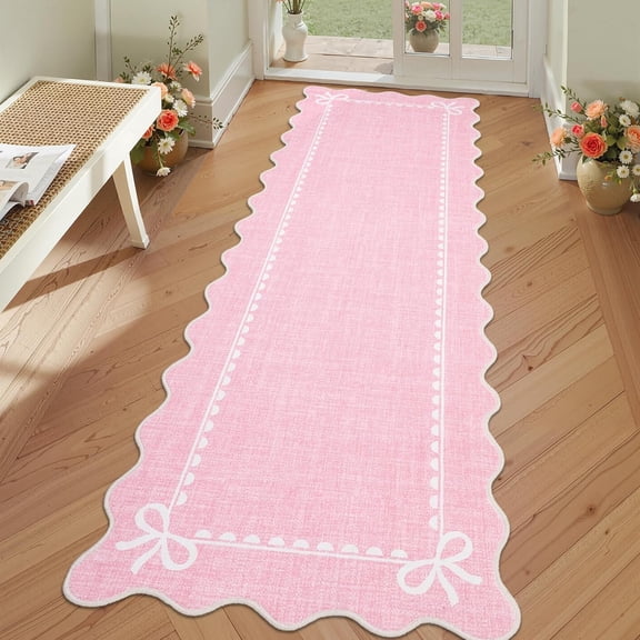 2x6 Scalloped Dot Bow Runner Rug, Non Slip Washable Ultra Thin Low Pile Hallway Kitchen Carpet,pink