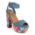 thumbnail image 1 of Breckelles Joline-23 Denim Peep Toe Cross Back Tropical Hawaiian Block Heel Platform Sandal, 1 of 5