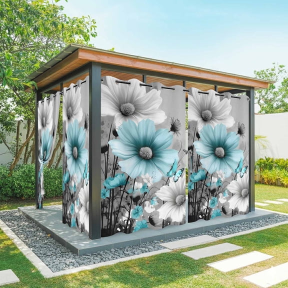 Gray Teal Daisy Butterfly Outdoor Curtains for Patio, Nature Floral Wildflowers Abstract Sunshade Privacy Drapes Grommet Waterproof Outside Curtains for Porch/Cabana/Balcony 54"x 108", 1 Panel