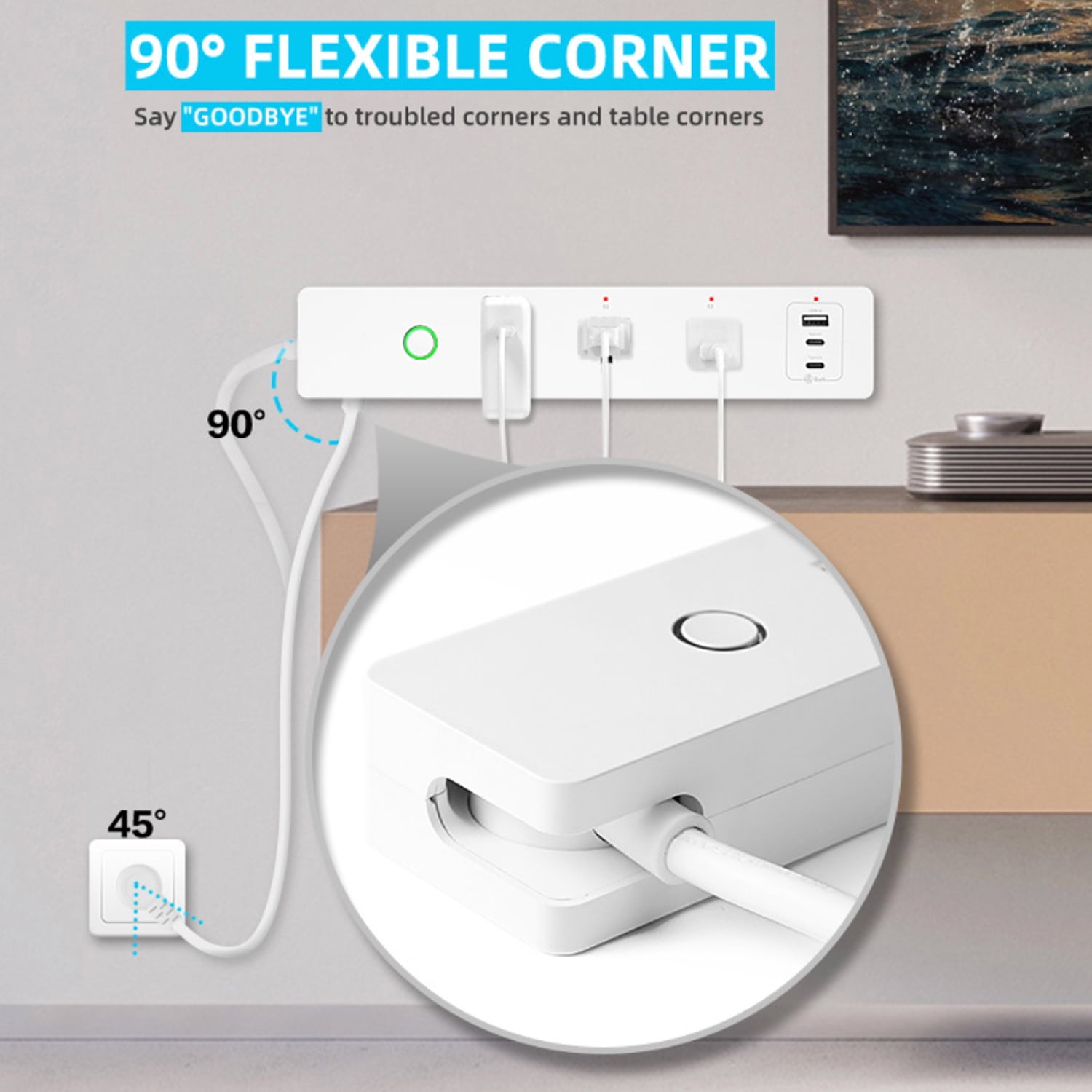 65W GaN PD Smart Power Strip WiFi Plug Multiple Outlet Surge Protector 3 AC Outlets，1 USB Ports，2 USB C Ports,15A, Remote Control Timing Schedule Compatible with Alexa Echo, Google Home, White