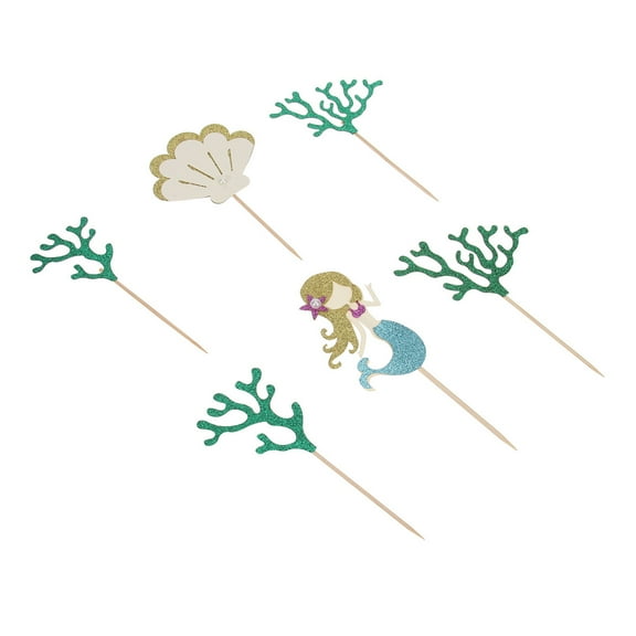 Masteelf 6 Assorted Color Mermaid Shell Seaweed Cake Toppers Paper Cake Picks for Birthday Party Decoration 6 Pcs