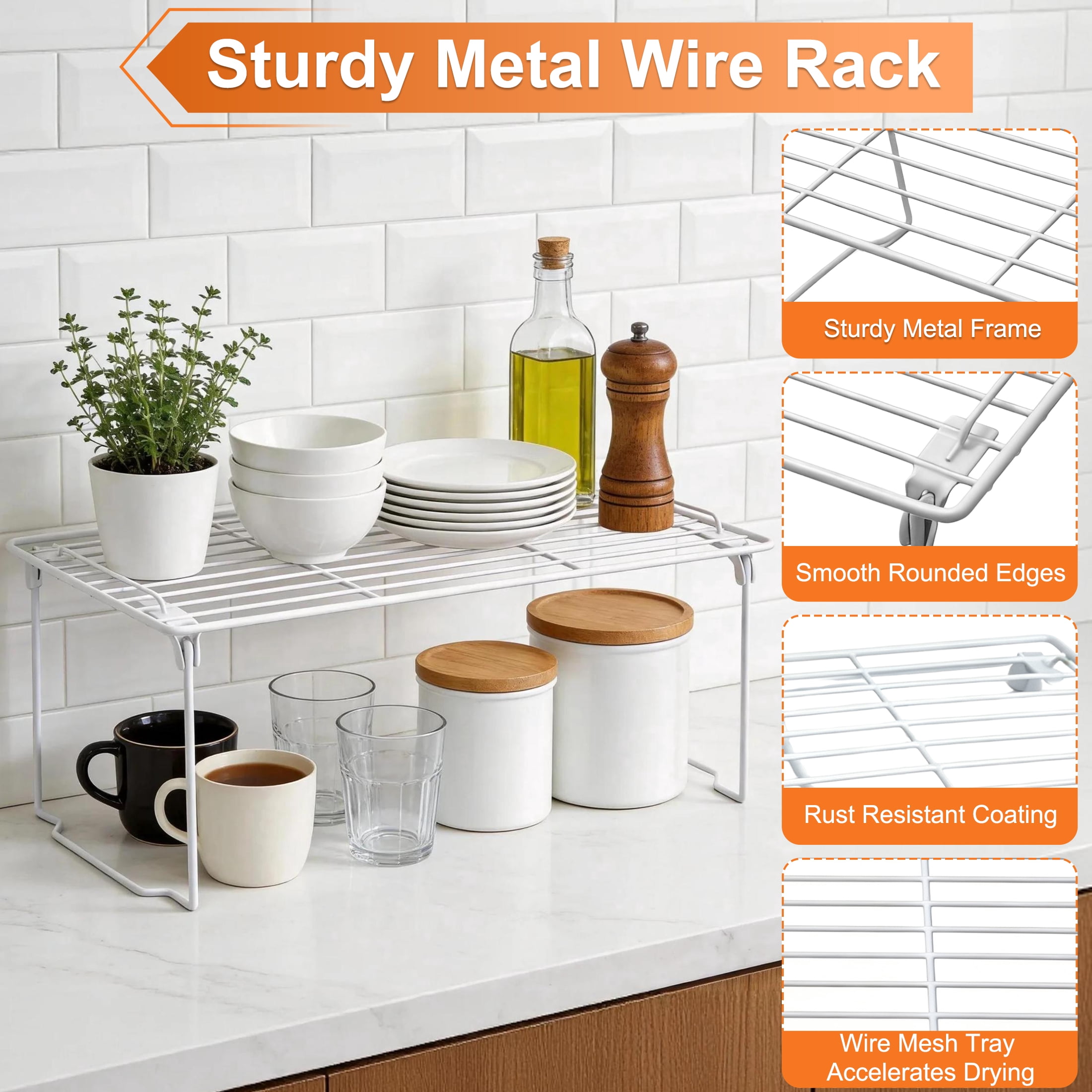 CISILOV Foldable Metal Wire Cabinet Organizer Shelf, Stackable Counter Storage Rack, No‑Assembly Rust‑Proof Storage Shelves for Kitchen Cupboard, Pantry, Bathroom, Desk