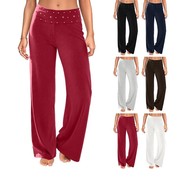 Women's High Waist Wide Leg Yoga Pants with Rhinestone Fold Over Waistband, Stretch Flared Lounge Trousers, Casual Palazzo Pants for Work & Daily Wear Black L