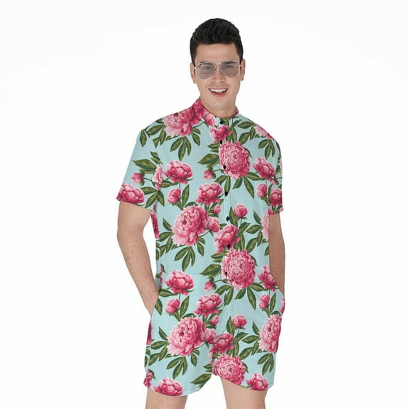 Pink Peony Pattern Short Sleeve Men'S Rompers Casual Summer Jumpsuits Outfit