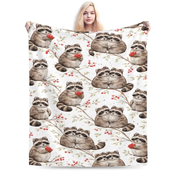 Raccoon Woodland Throw Blanket, Soft Flannel Fleece Blanket with Vintage Animal Illustration, Cozy Decorative Blanket for Sofa Couch Bed 50x40