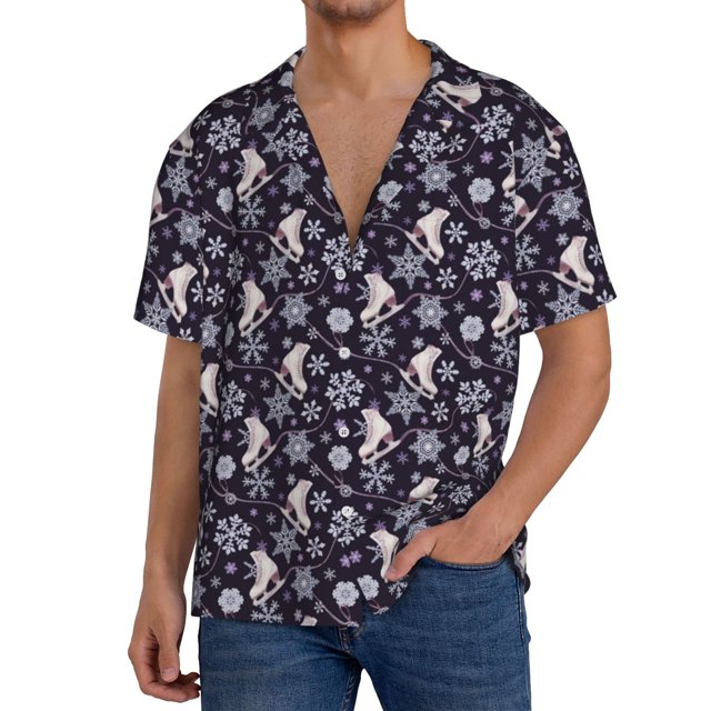 Fotbe Elegant ice skates snowflakes A Camisa Estampada de Manga Corta para Hombre, Casual de Verano, Estilo Playero, Sin Arrugas-Small